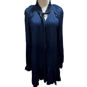 Sandro Paris V-Neck Blue Shift‎ Dress Neck Tie Long Sleeve Sz 36/US Sm